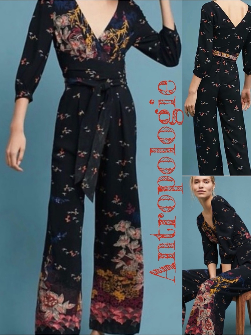Anthropologie Navy Floral V-Neck Wide-Leg Jumpsuit